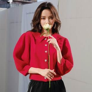 折 针织开衫 Masion 新年红开运红色针织娃娃衫 上衣 Wester同款