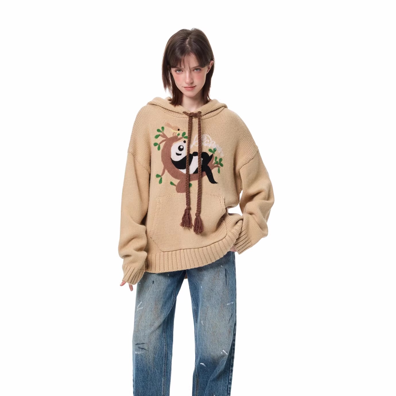 Andrea Martin 2025AW 卡其色熊猫连帽毛衣