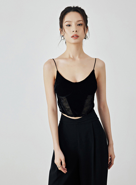 MOOD X MIURA 2024夏季新款黑色丝绒蕾丝拼接吊带背心高腰阔腿裤