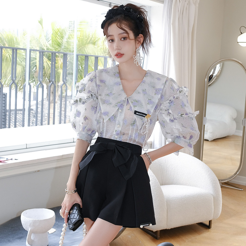 arte pura 2rss新款紫色碎花泡泡袖带花边衬衫大蝴蝶结短裤木兰