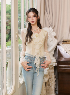 Three Quarters25AW 黄色桑蚕丝花朵荷叶边轻奢感开衫