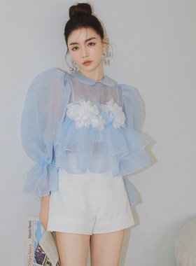 【折】Masion.WSS新款万花丛仙女蓝色欧根纱泡泡袖上衣