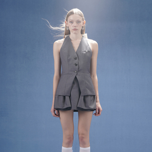 马甲蝴蝶结宽百褶裙裤 4MILE设计师灰格纹后背蝴蝶结西装 折