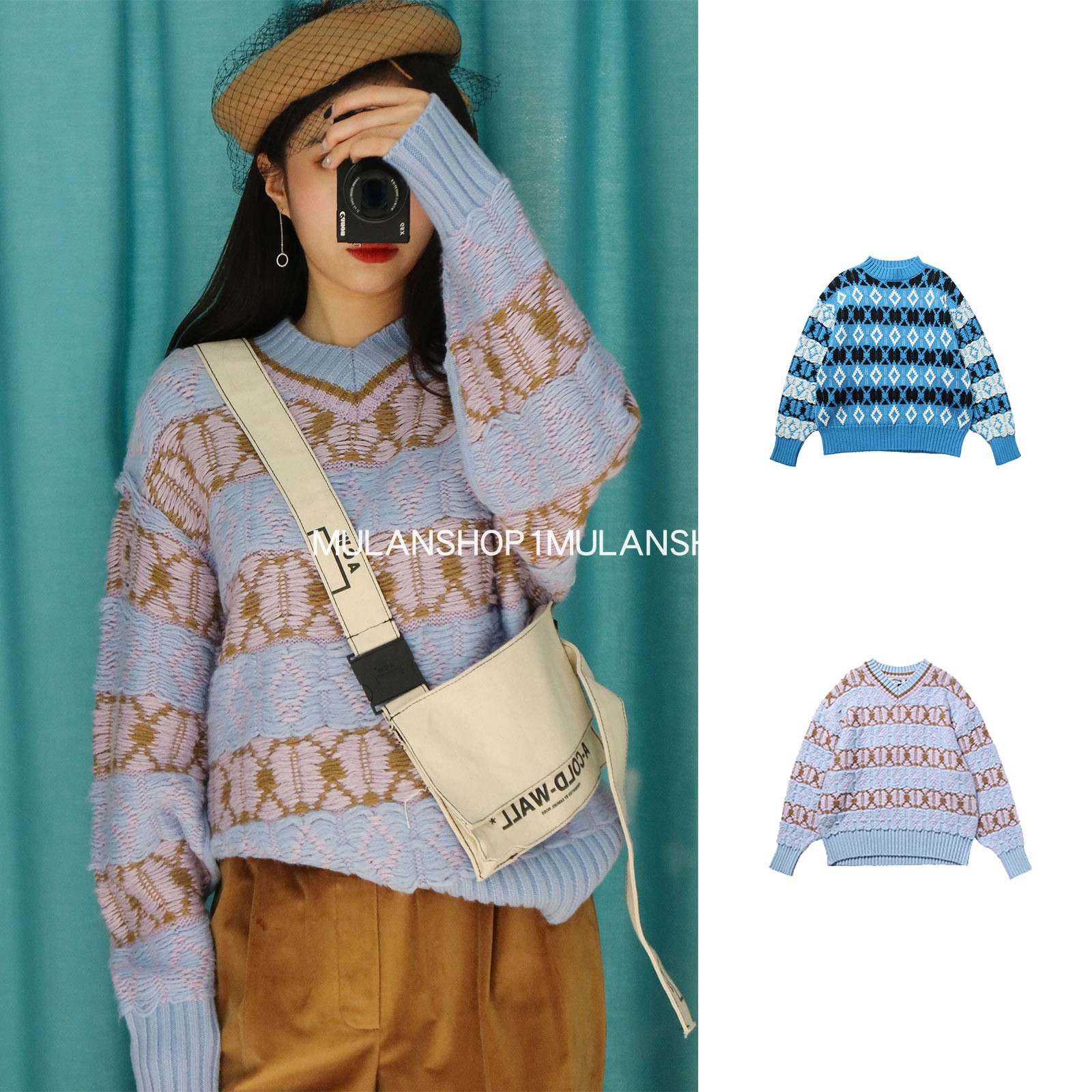 【M】CHRISOU BY DAN欧阳丹蓝白蓝紫菱格套头小高领针织衫