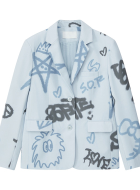 SOFITTE 官方旗舰店24秋季 蓝色满印西装百褶A字裙