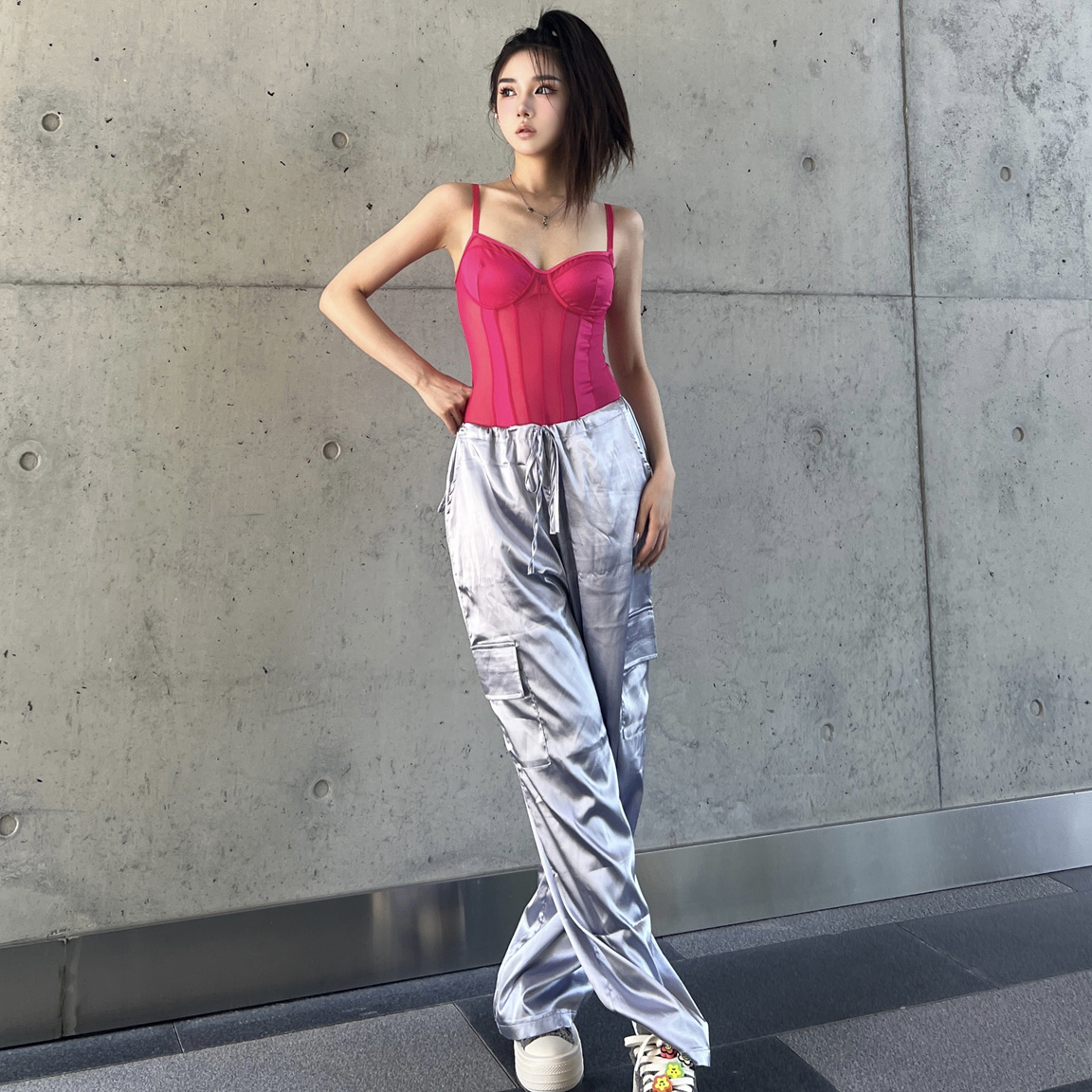 【折】Kaylee Wang 2S新款透视网纱拼接吊带背心连体衣松紧直筒裤