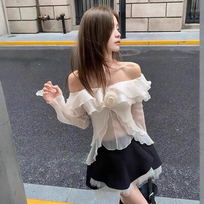 MUST HAVE 25SS  一字肩网纱长袖上衣 短款半裙套装