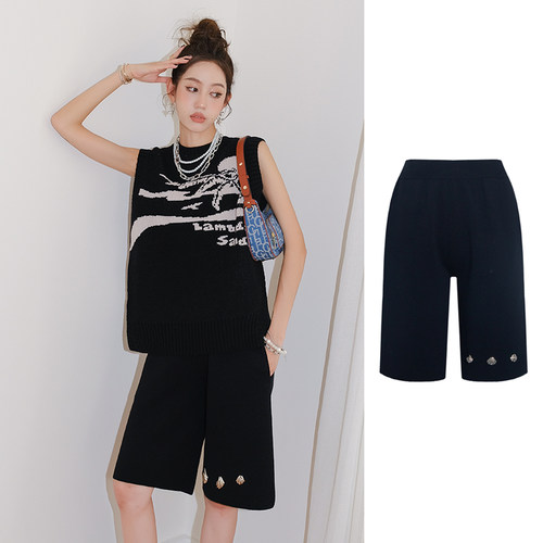 设计师deepmoss黑色保暖贝壳针织五分裤宽松百搭性露背印花针织无