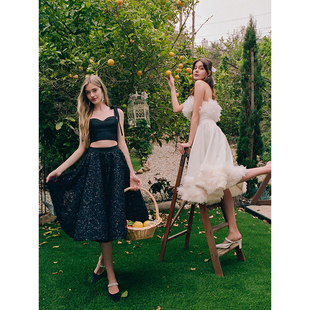 WESTER花漾仙踪黑色飘带抹胸套装 MASION 蝴蝶结蕾丝钉珠 折裙