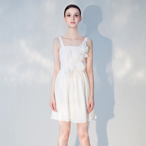 【折】【L】Susan Lazar 春夏立体花朵奶油雾纱收褶吊带裙连衣裙