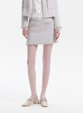 Three Quarters 25SS紫色小香风珍珠钻链短裙时尚千金风半身裙女