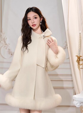 Three Quarters 25AW 白色进口澳毛拼狐狸毛双面呢大衣