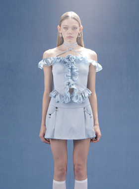 IU演唱会同款 】4MILE24春绸缎一字肩上衣交叉飘带百褶裤裙