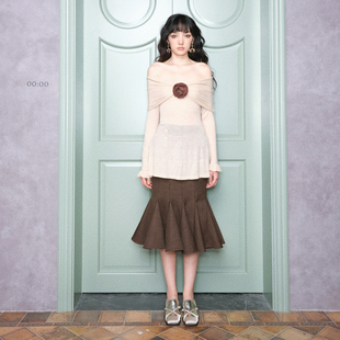 折 一字肩花朵装 LUMING 秋冬新款 饰波浪下摆针织上衣百搭 ROOM