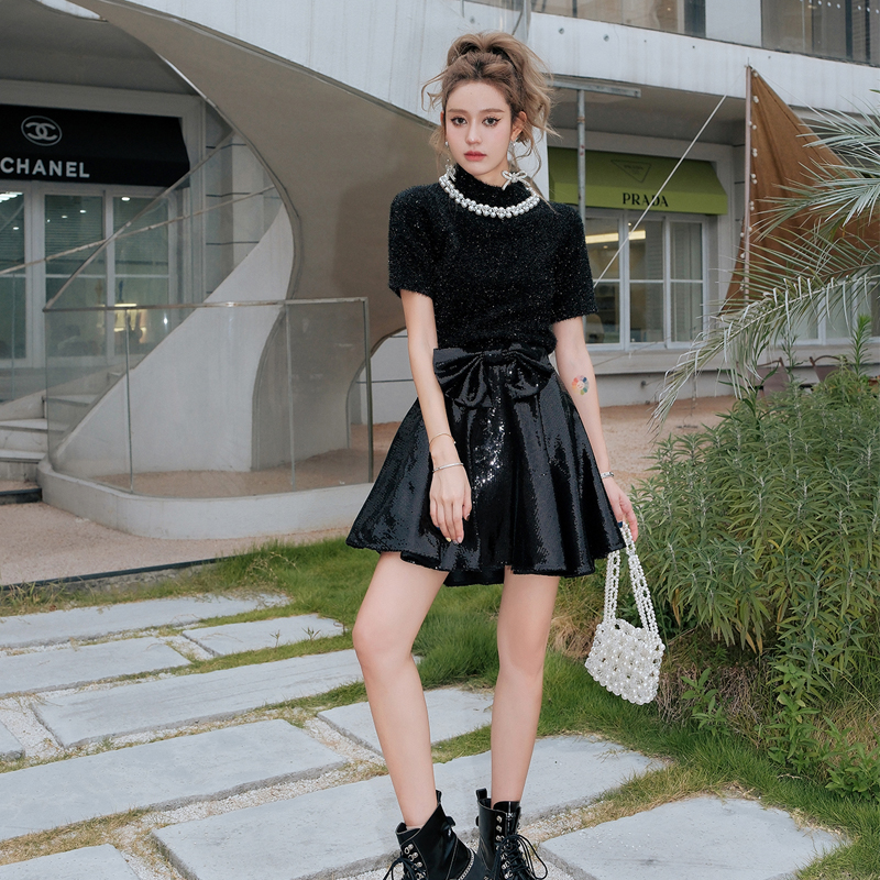 【折】设计师IFAY BY FAYE 春季珍珠链条上衣蝴蝶结亮片半裙木兰