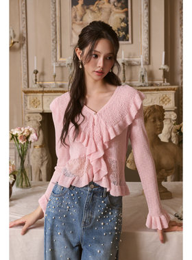 Three Quarters 25AW 白色荷叶边V领镂空开衫