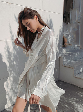 国现deepmoss明星同款茶色水泽交叠长袖衬衫上衣短裤