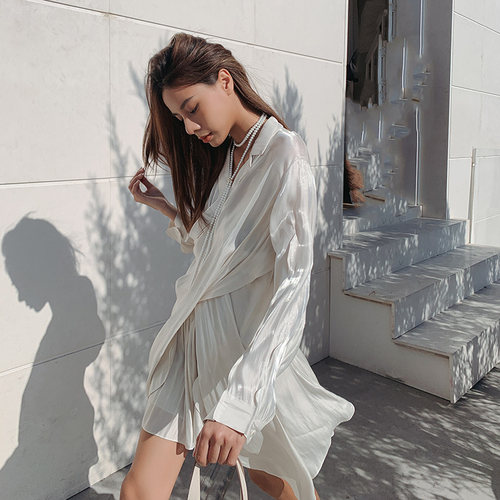 国现deepmoss明星同款茶色水泽交叠长袖衬衫上衣短裤