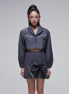 【折】设计师HIGHLIGHT胸前钻链灰色短西装蝴蝶结半裙2R新款