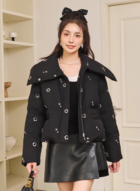Three Quarters24秋季 黑色珠片绣花钉珠大翻领短款羽绒服