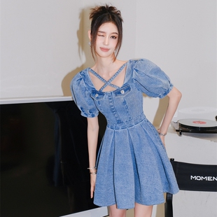 泡泡袖 Wester Masion 蓝色气质牛仔连衣裙收腰显瘦大摆裙 折