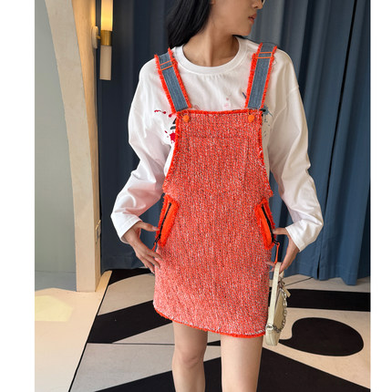 【清货折】SJYP设计师品牌2J年春夏针织编制橘色磨破背带裙短裙女