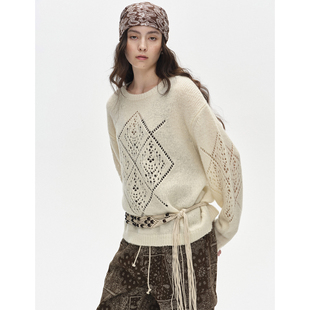 【折】Vena Label 新款 圆领镂空图案毛衣腰果工装裤直筒休闲裤