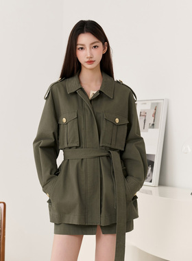 Three Quarters25SS 军绿色工装口袋猎装夹克假两件撞色工装裙裤