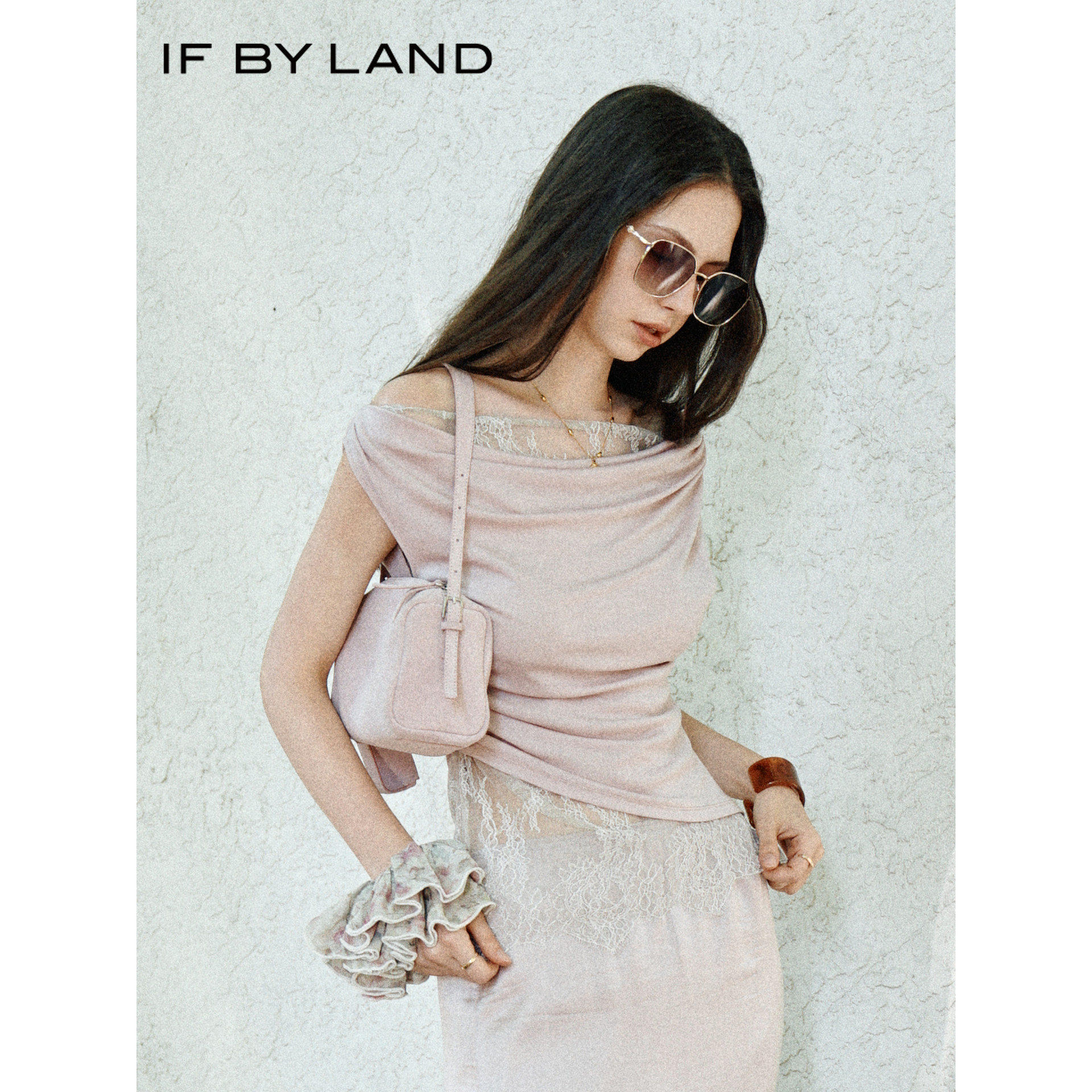 【折】if by land  柔软蕾丝柔粉色蕾丝斜肩短袖T恤法式花边半裙