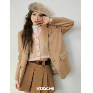 Kroche 2023新款毛呢西装外套撞色拼接羊驼绒小香套装A字百褶裙