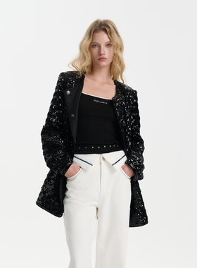 Three Quarters 25SS黑色重工亮片圆领小香风外套时尚千金风上衣