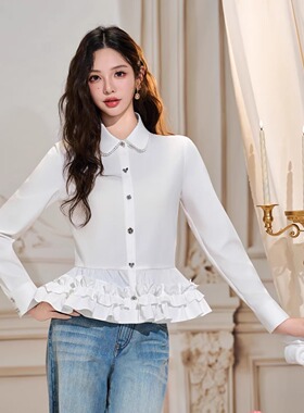 Three Quarters 25AW 白色法式甜美花瓣下摆长袖衬衫