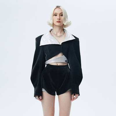 【折】RAY BURST 新款斜肩镂空拼接压花纹皮超模黑色西装A字短裤