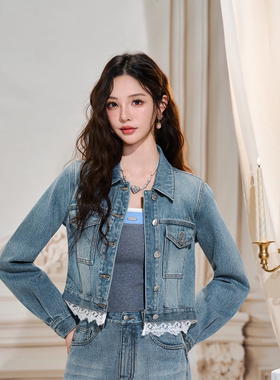 Three Quarters 25AW 蓝色烫珠短款蕾丝拼接牛仔外套弯刀牛仔裤