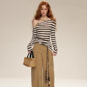 折 IHDXD 25AW 串珠条纹上衣 卡其阔腿牛仔裤