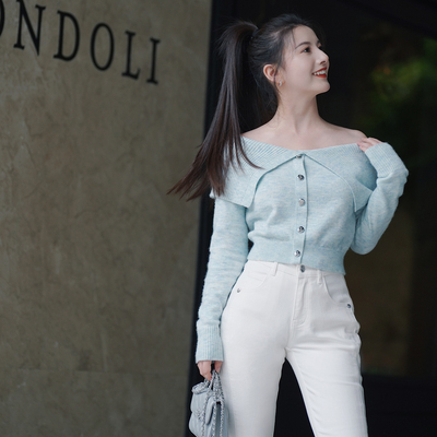 YES BY YESIR叶谦原创设计师2024秋冬新品蓝一字领短款针织套头衫