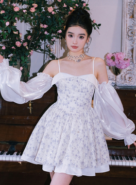 Jean SOO 官方旗舰店2024春夏新款蓝风铃翻边波光袖连衣裙百搭木