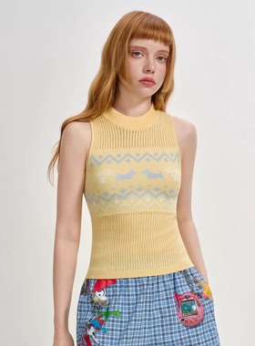 SOFITTE 25AW秋季新款黄色费尔岛狗狗提花无袖背心假两件阔腿裙裤