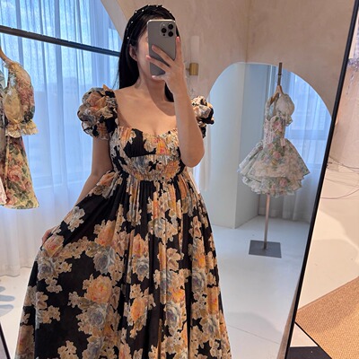 【折】Selkie collection 纯棉黑底夕漫橙光印花长款连衣裙