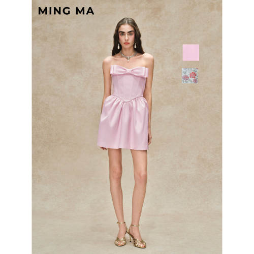 MING MA 2026春夏系列 甜美灵动 缎面蝴蝶结抹胸连衣裙