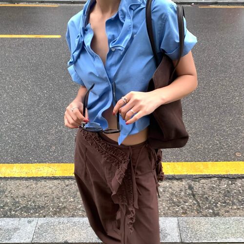 【折】Vena Label 领巾式棉质短袖衬衫女高级感衬衣 天丝棉长裤