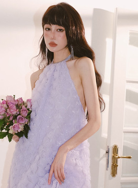 MOOD X MIURA2R秋新款浅紫色立体玫瑰钻链装饰挂脖燕尾连衣裙木兰