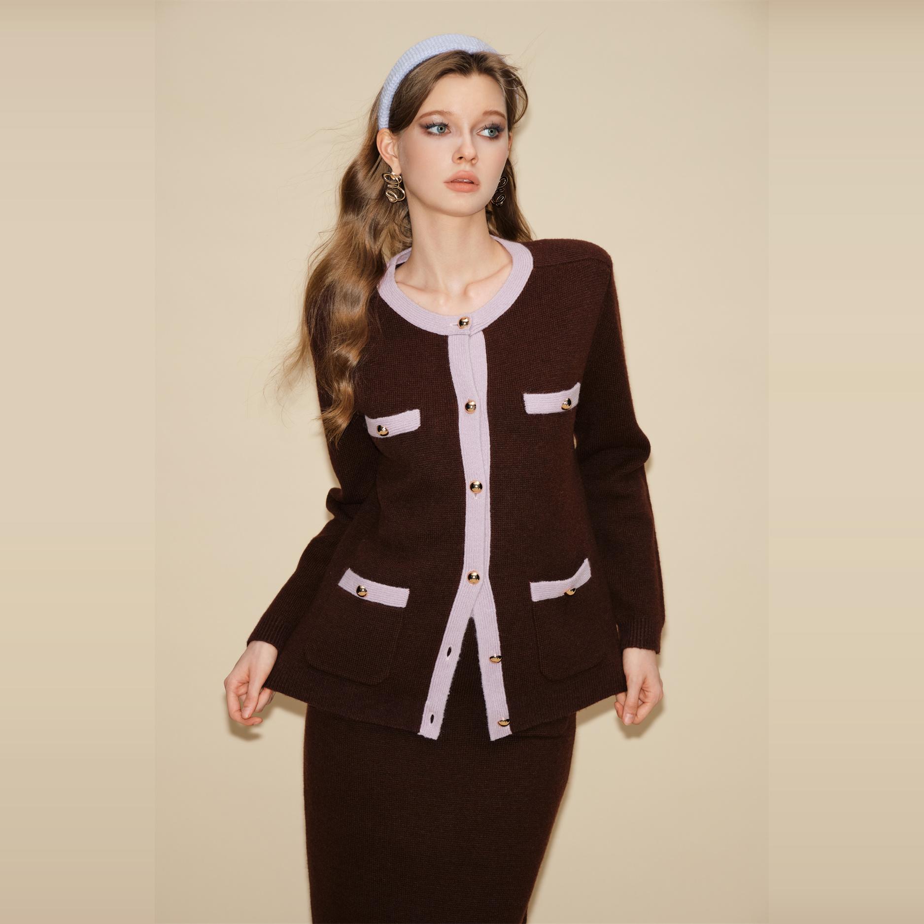 EIMISMOSOL24FWV秋冬新款  撞色针织开衫半裙套装小香风