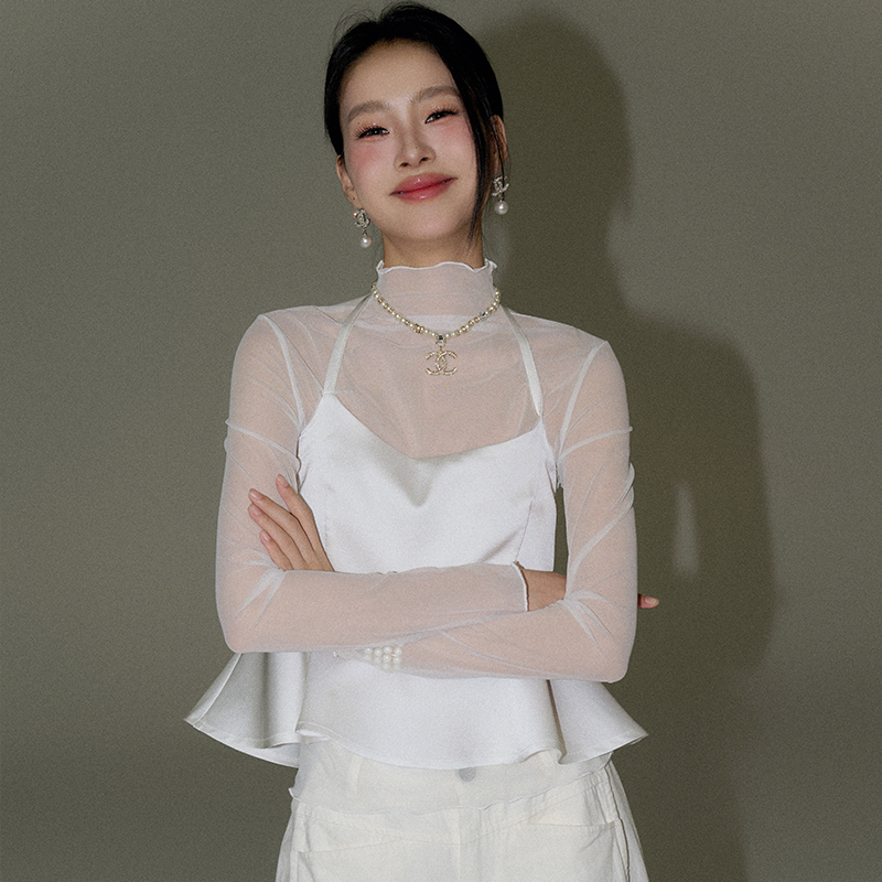 OLIVIA DUO南韩小姐两件套法式小众设计感网纱拼接半高领上衣套装