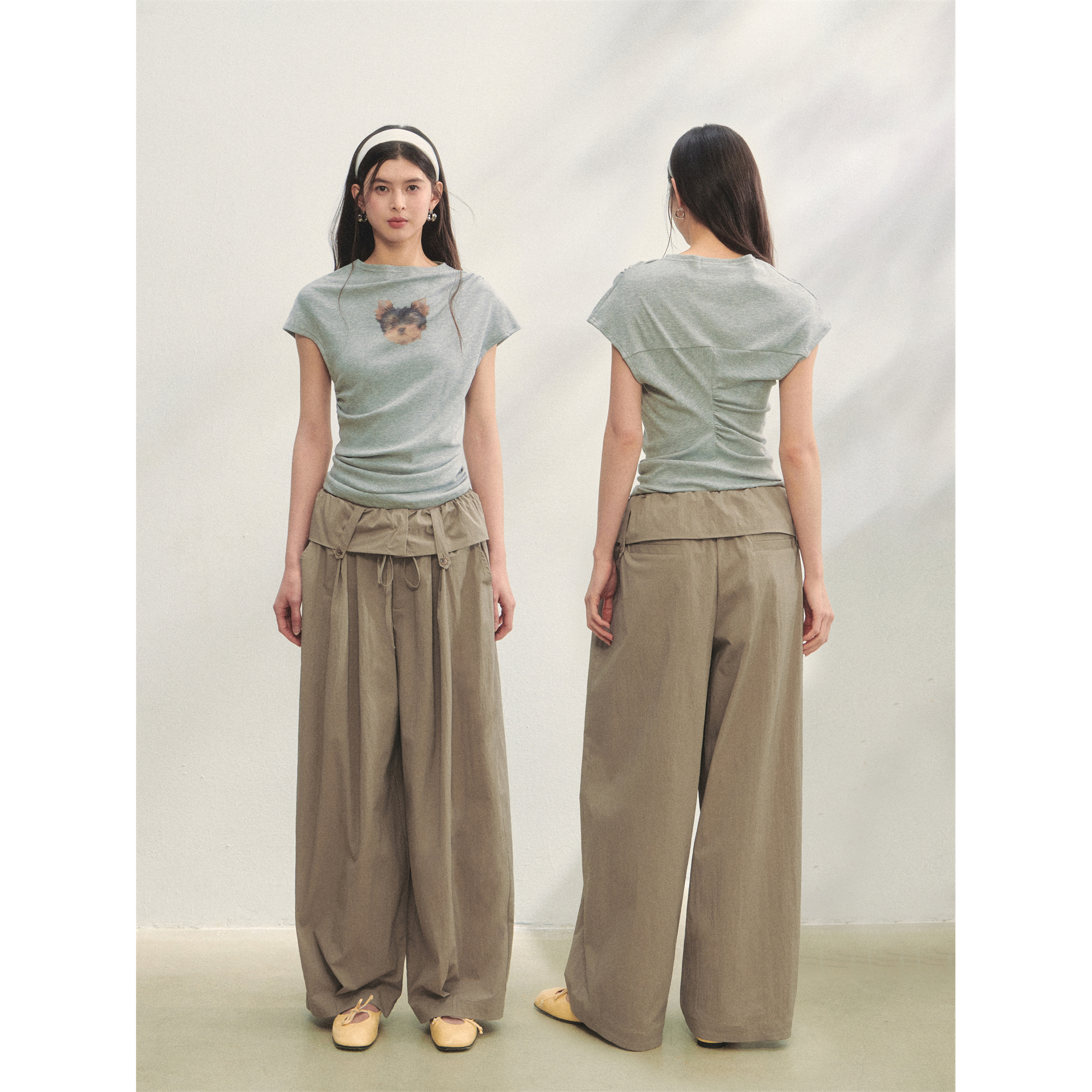 【折】AsGony 25ss新款  小狗设计感抽褶T恤 翻边腰头宽松休闲裤