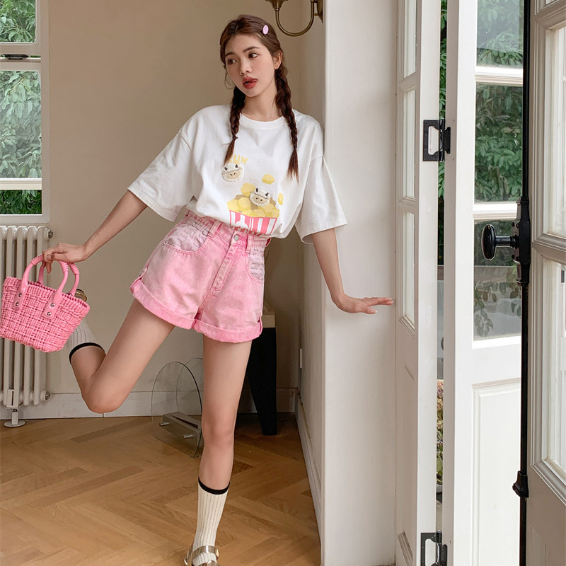 andrea martin23春夏新款   白色糖果字母t恤白色奶牛爆米花t袖