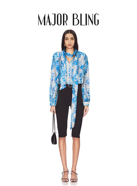 【折】【明星同款】Major Bling 异域瓷器蓝色印花人丝飘带衬衫