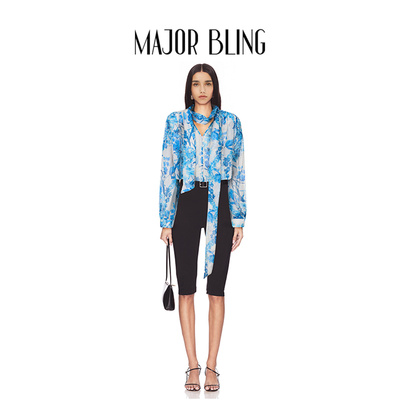 【折】【明星同款】Major Bling 异域瓷器蓝色印花人丝飘带衬衫
