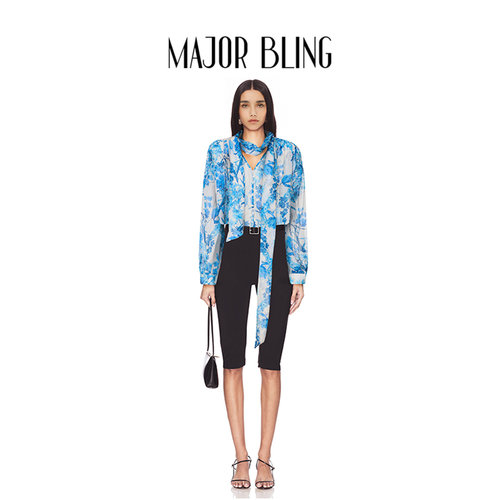 【折】【明星同款】Major Bling 异域瓷器蓝色印花人丝飘带衬衫