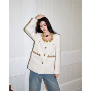 重工珠片钻饰方领粗花呢外套直筒牛仔裤 Three Quarters24秋季